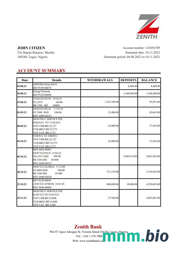 Nigeria Union Bank of Nigeria wyciąg z konta Word i szablon PDF